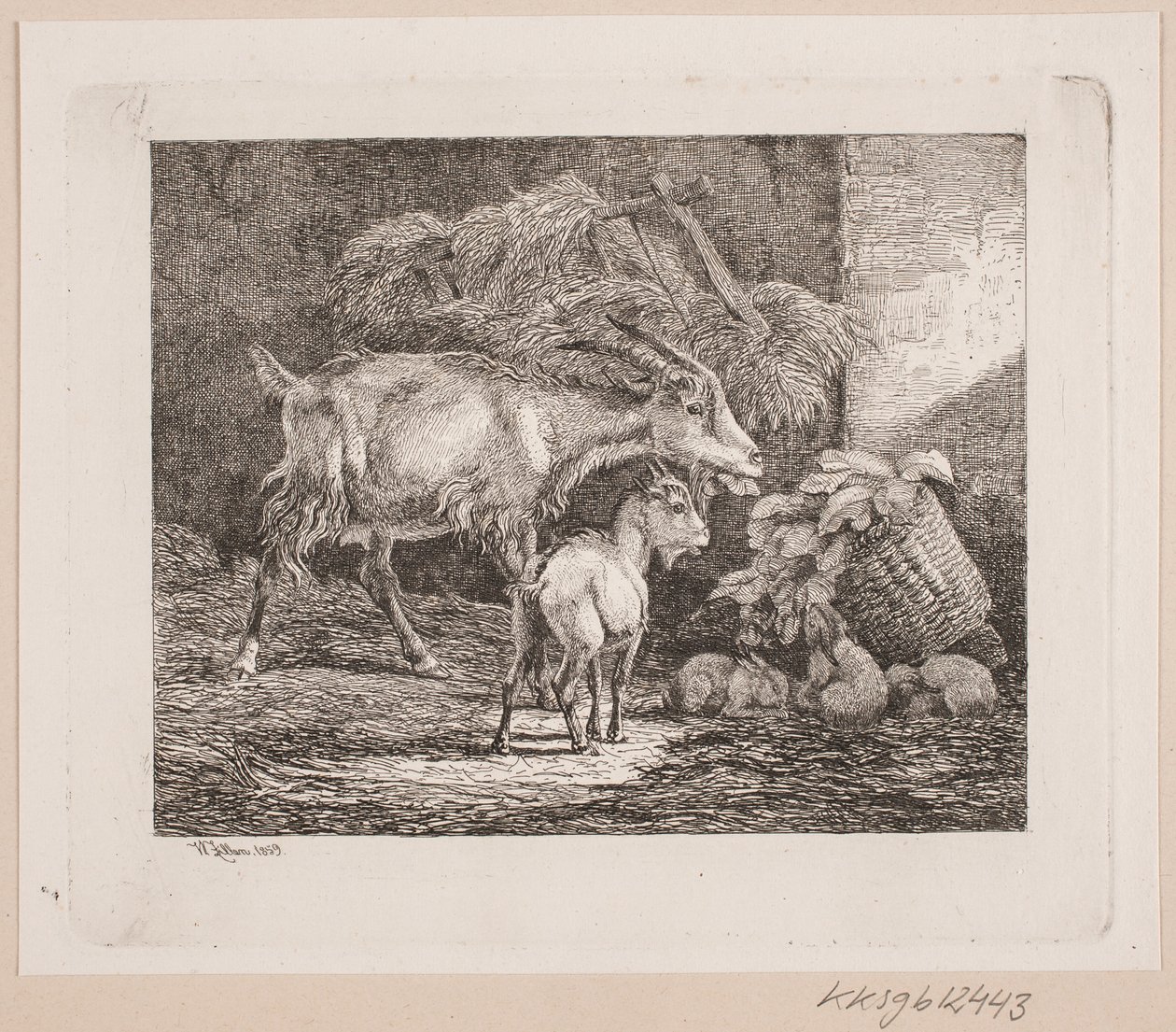 Une chèvre, un chevreau et des lapins dans une étable - Johannes Wilhelm Zillen