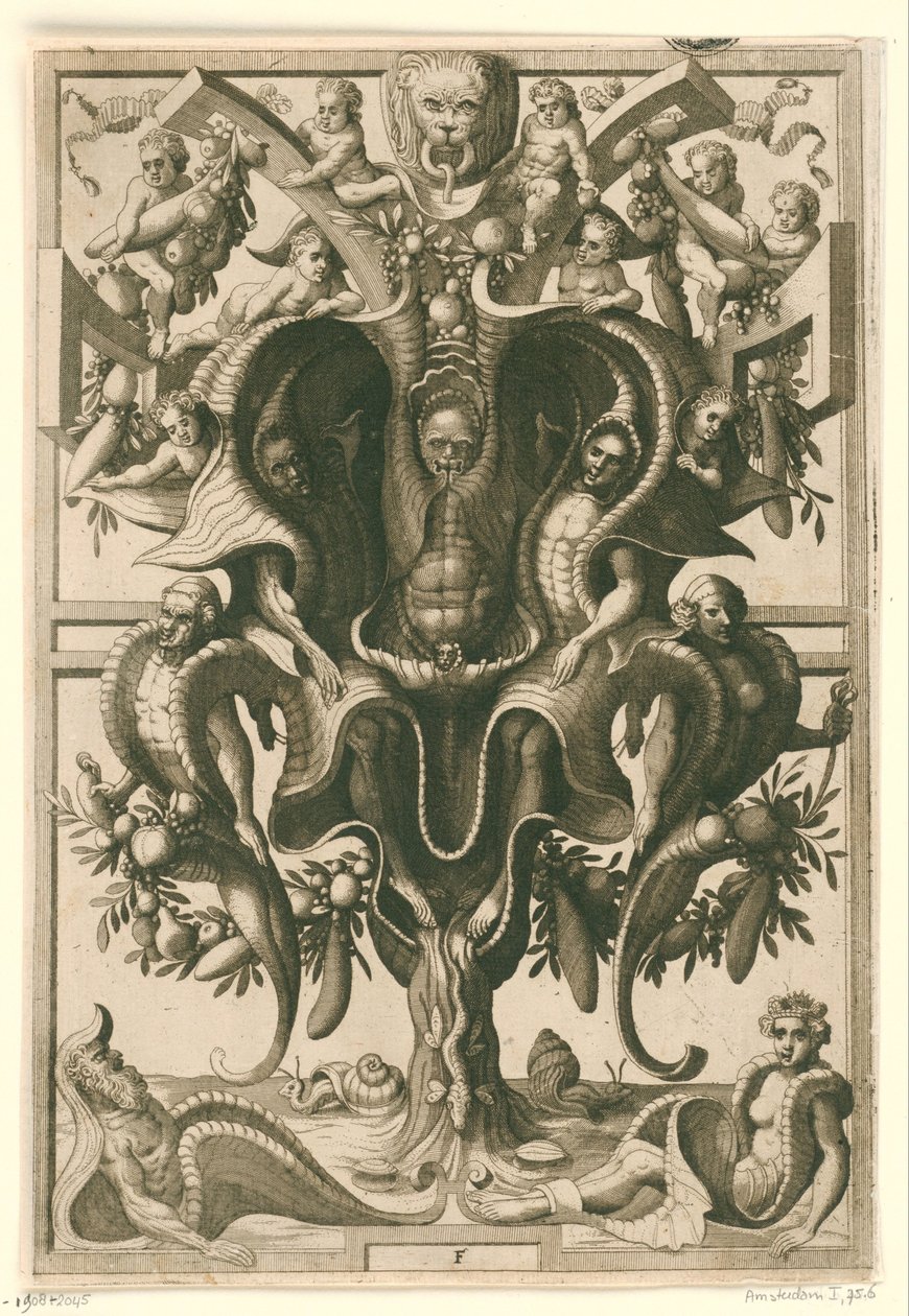 Ornement en forme de coquille avec des figures emprisonnées (Veelderleij Veranderinghe van grotissen ende Compertimenten) - Johannes of Lucas van Doetechum