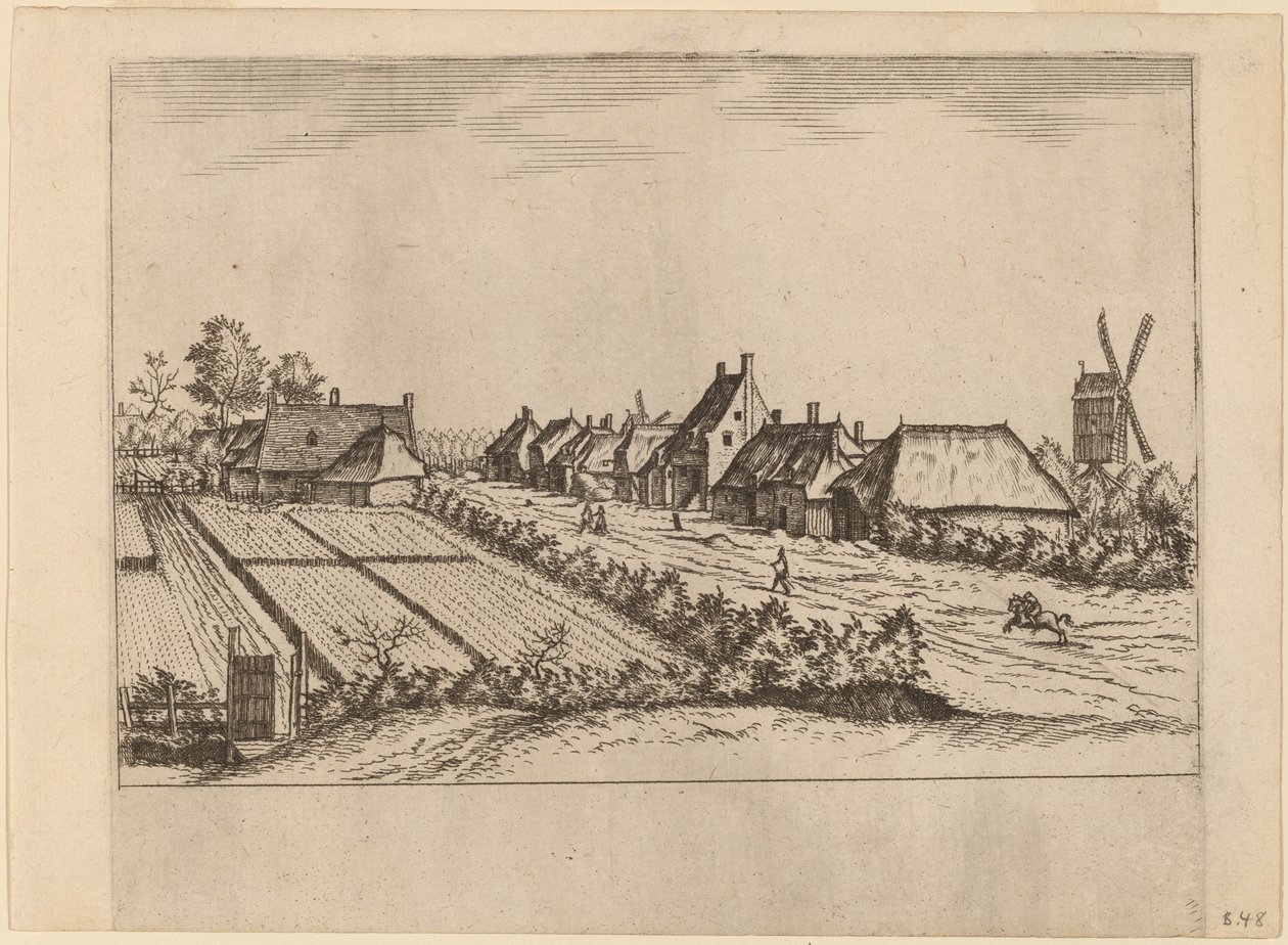 Champs et un chemin de village avec moulin à poteau - Johannes van Doetechum, the Elder and Lucas