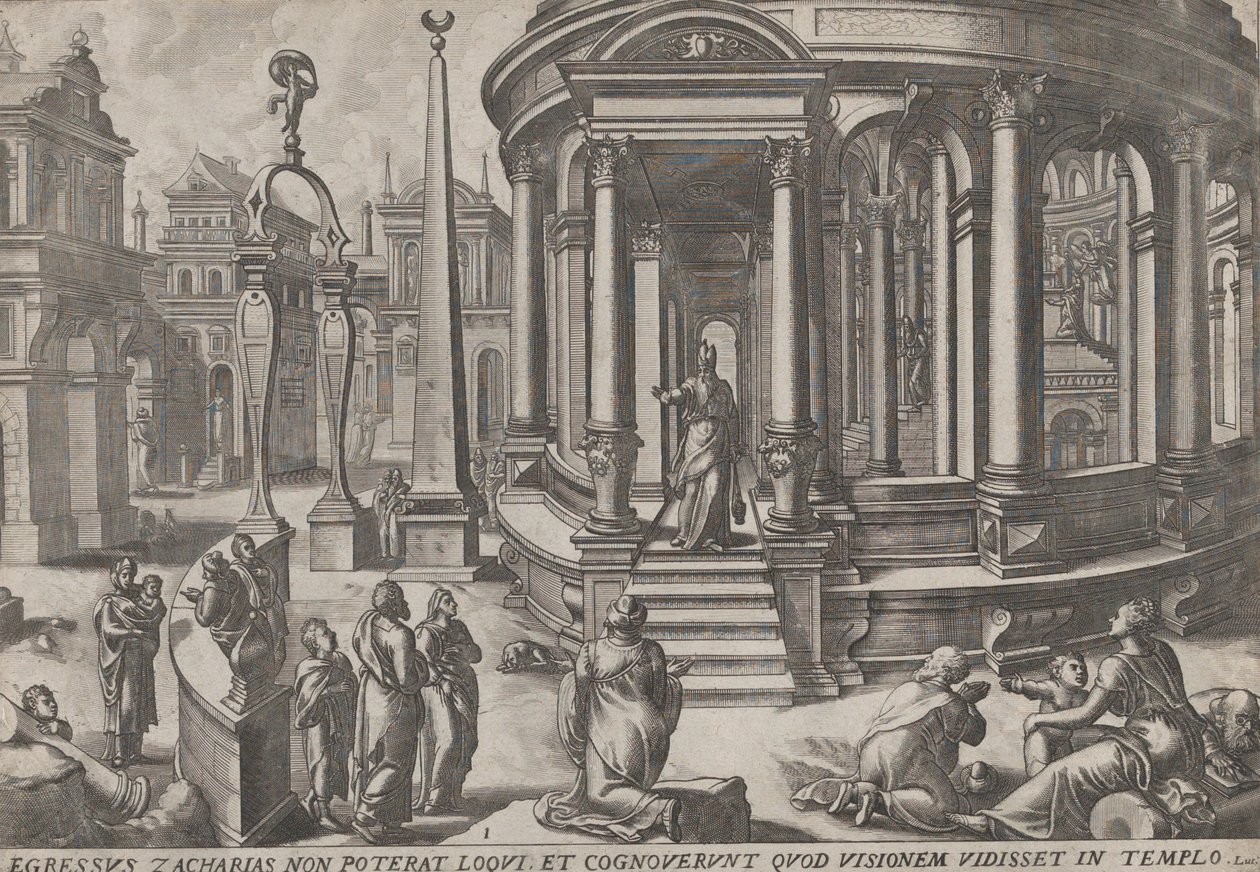 Zacharie sortant du temple, de la série Événements dans et autour du temple, vers 1572. Créateurs : Johannes van Doetecum I, Lucas van Doetecum - Johannes and Lucas van Doetecum