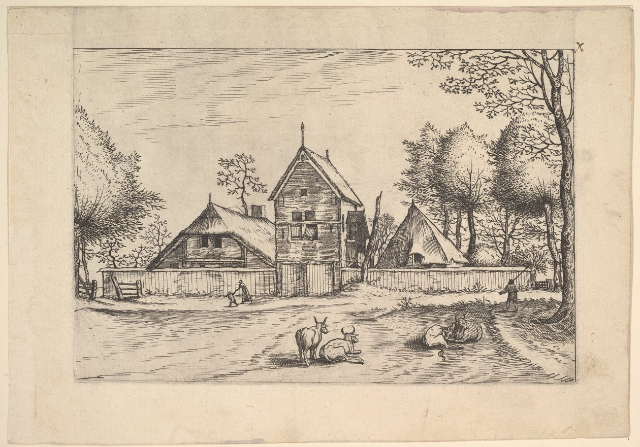 Ferme, vaches et berger au premier plan de Praediorum villarum et rusticar... - Johannes van Doetecum I