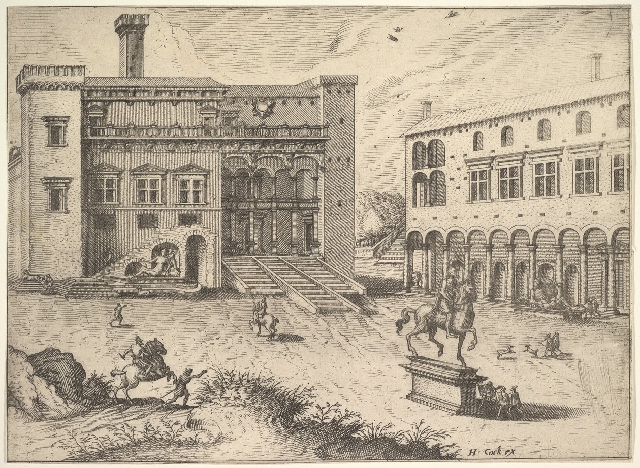 Vue du Campidoglio sur la colline du Capitole, avec statue équestre en bas à droite, 1562 - Johannes van Doetecum I