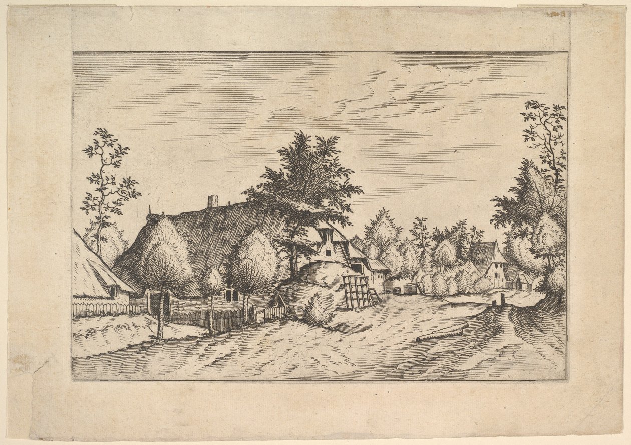 Rue de village, foin empilé devant une ferme - Johannes van Doetecum I