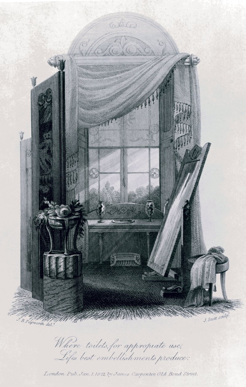 Design pour mobilier grec (salle de bain) par J B Papworth de The Social Day par Peter Coxe, 1823, gravure - John Buonarotti Papworth