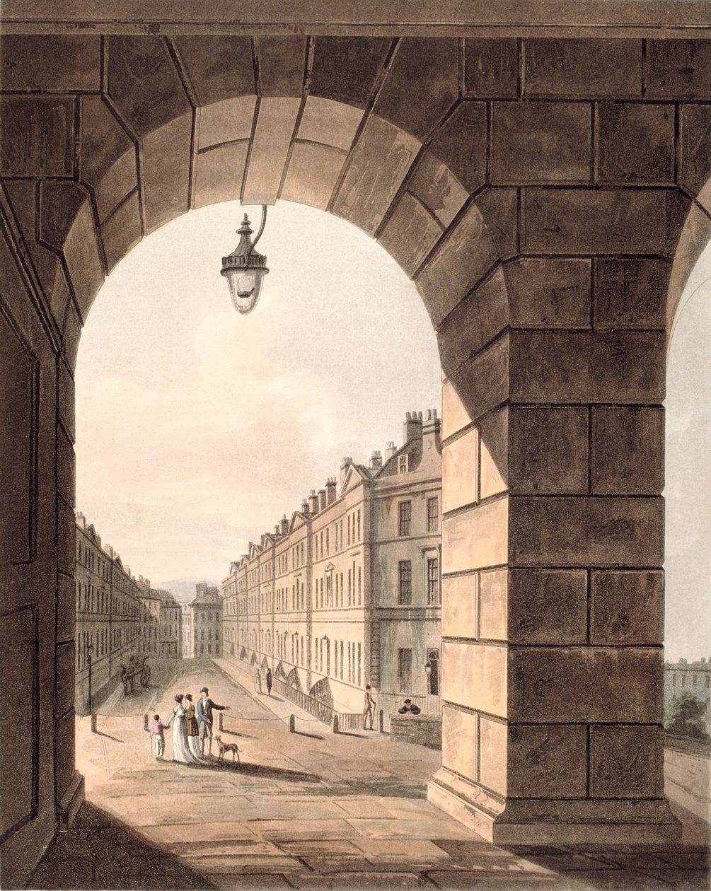 Rue Pulteney se terminant à Laura Place vue à travers la porte des jardins de Sydney, de 