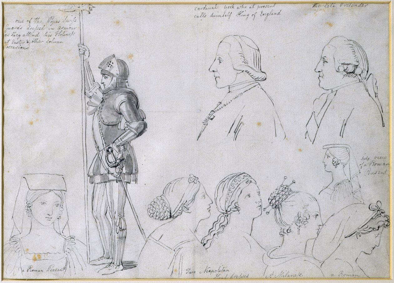 Esquisses de personnages à Rome avec portraits du prince Charles Edward Stuart (1720-88) et de son frère le cardinal York (1725-1807) - John Flaxman