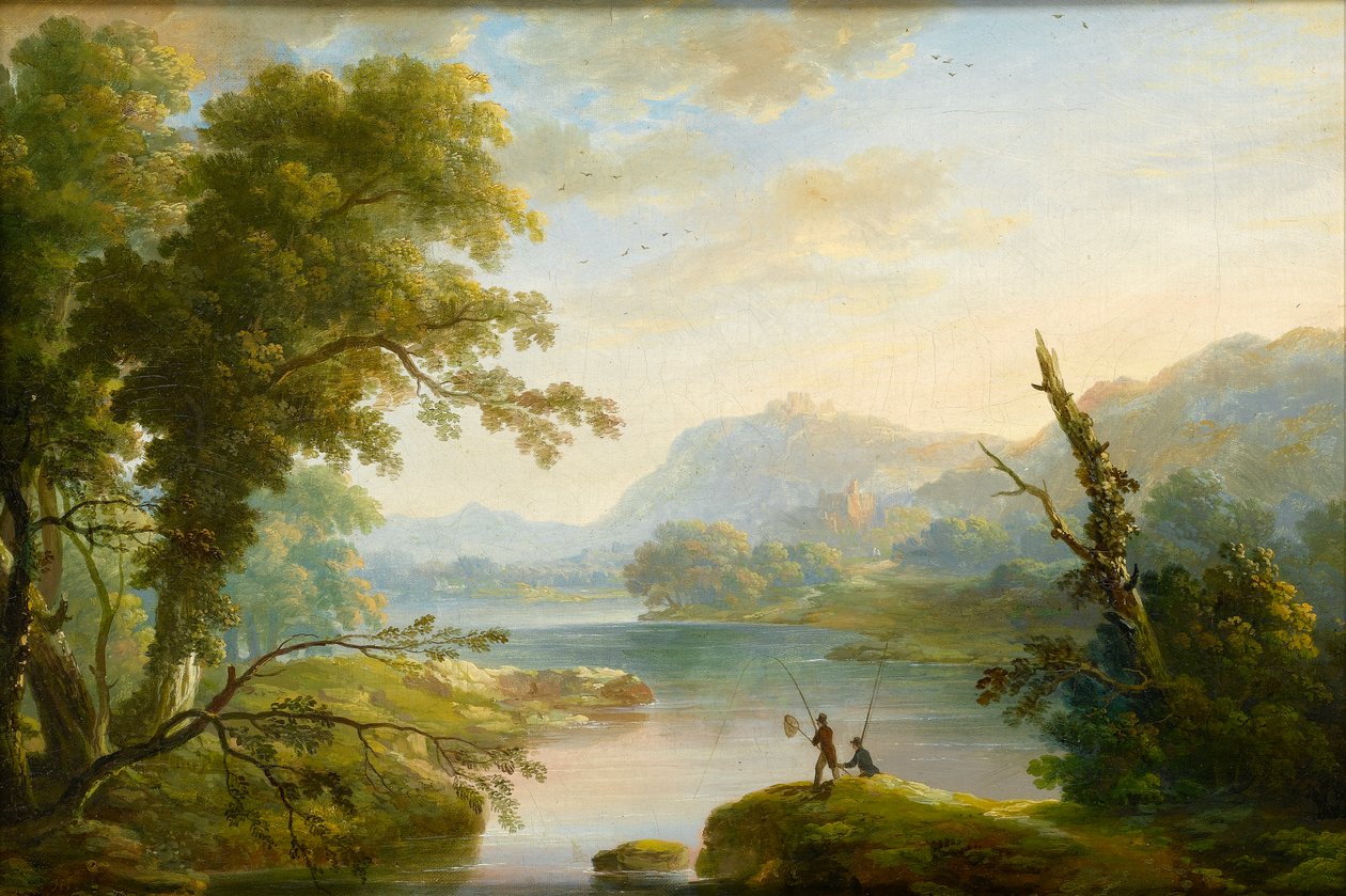 Pêcheurs dans un paysage de lacs - John Martin