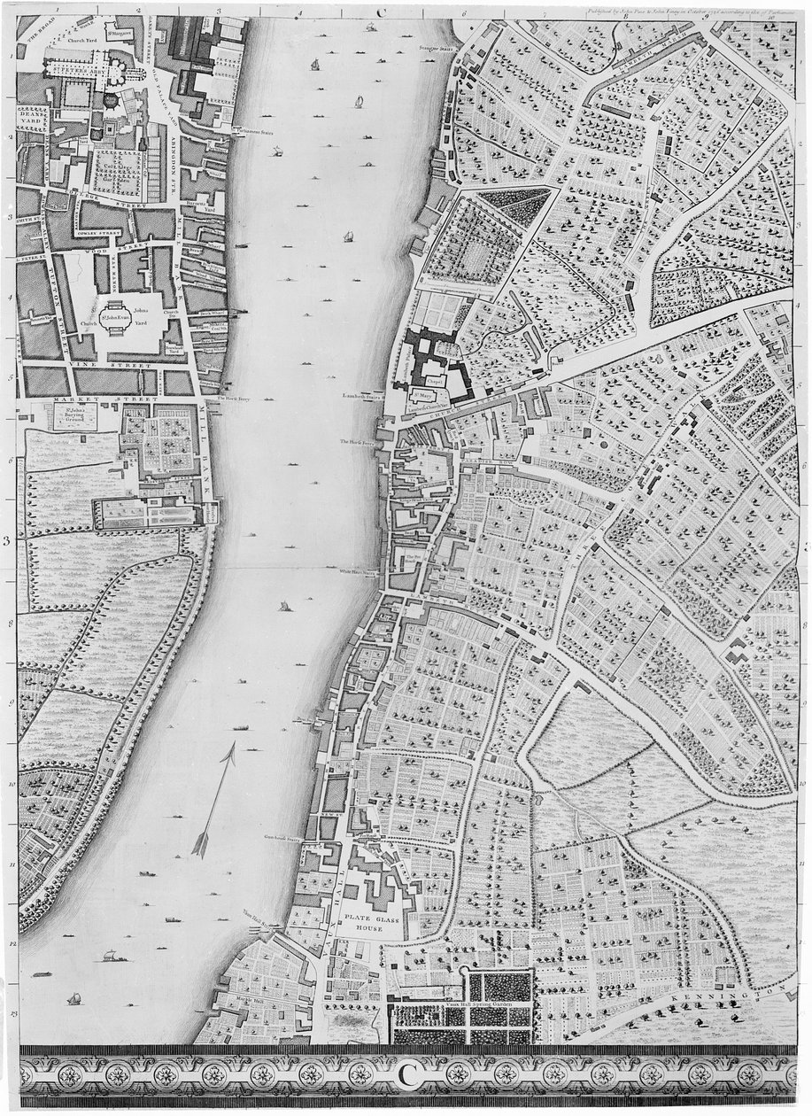 Carte de Lambeth et Vauxhall, Londres, 1746 - John Rocque