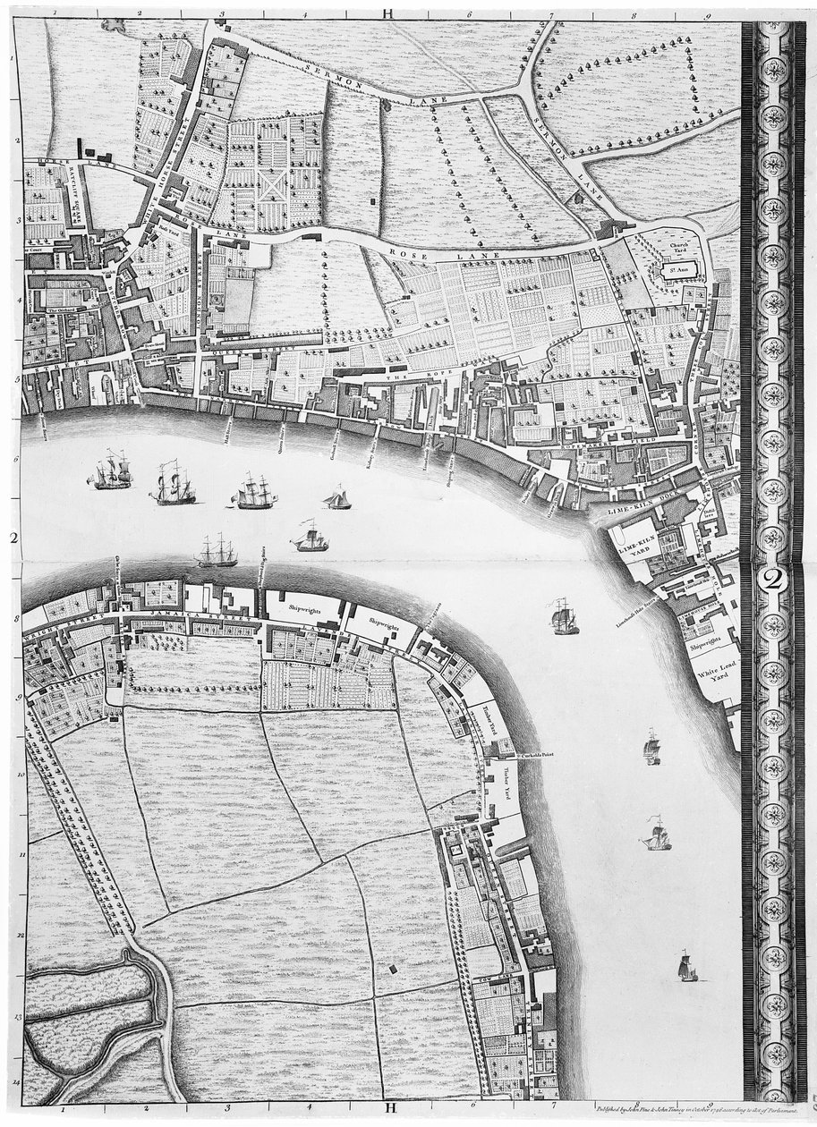 Carte de Limehouse et Rotherhithe, Londres, 1746 - John Rocque