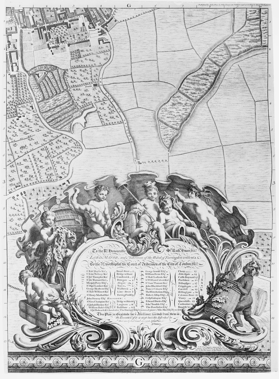 Inscription de la carte de Londres de Rocque, listant les échevins de la ville et leurs zones, 1746 - John Rocque