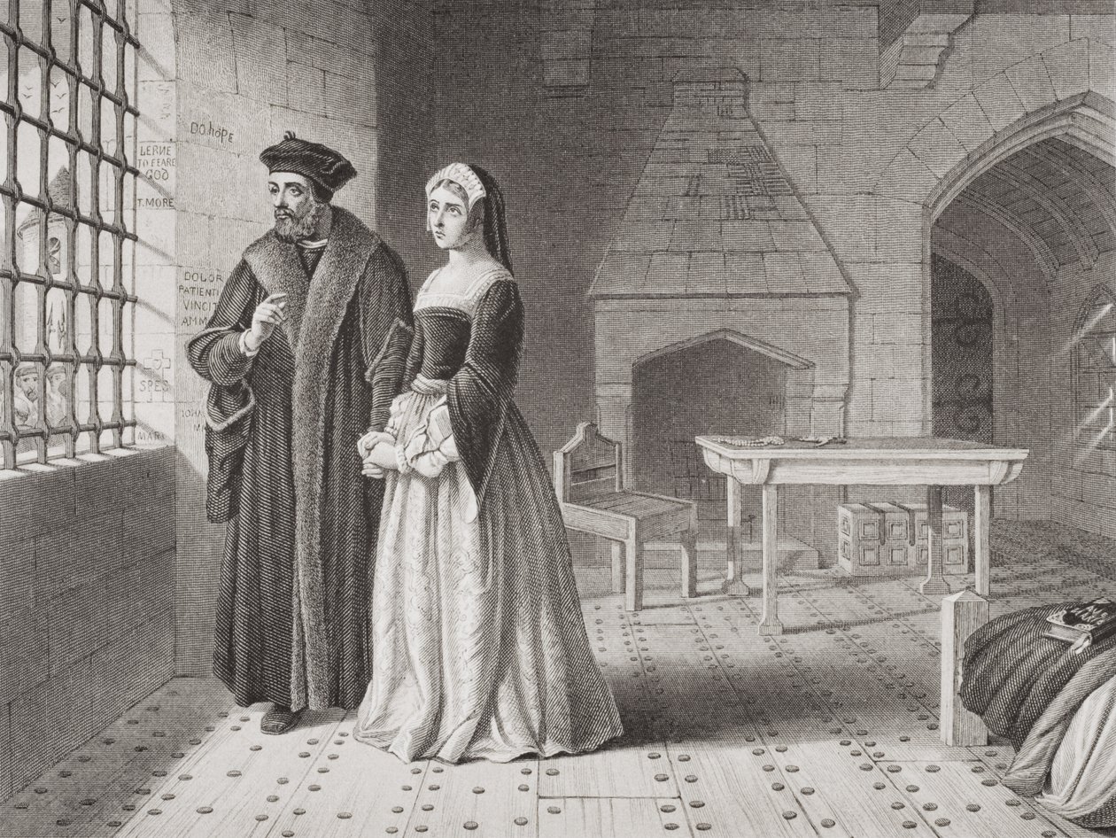 Sir Thomas More (1477-1535) et sa fille Margaret, observant des moines allant à l
