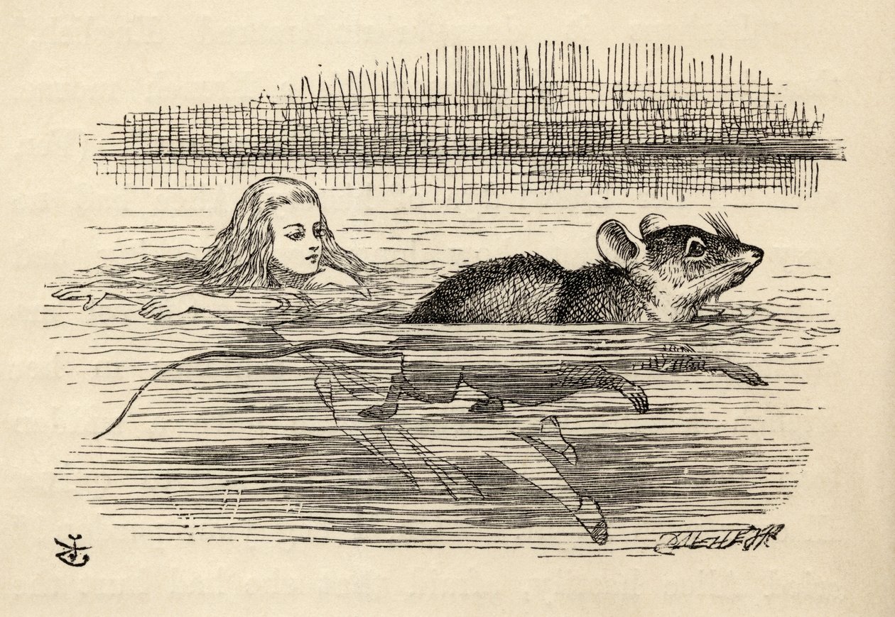 Alice nageant avec une souris dans la mare de larmes, tiré de 