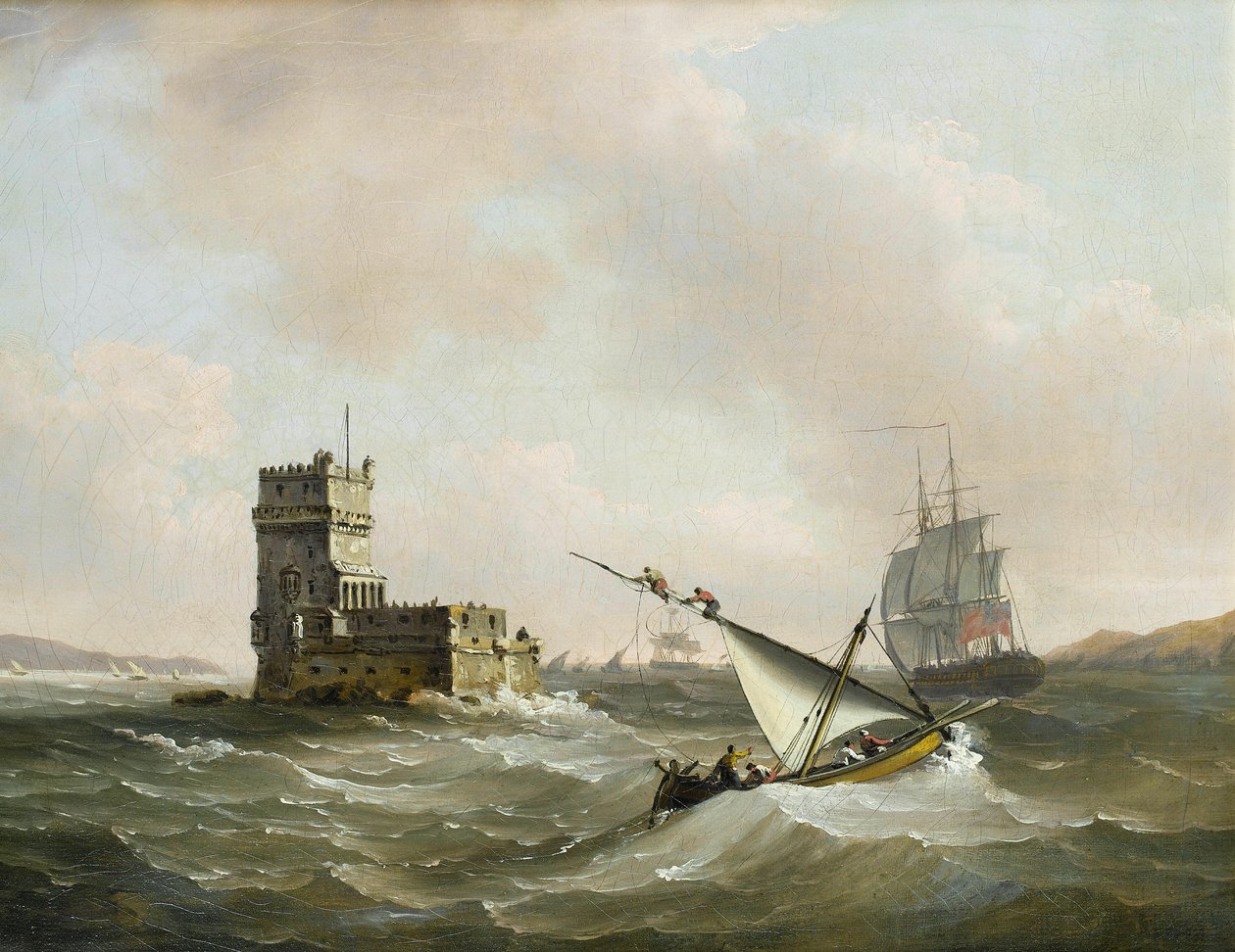 Une frégate anglaise dans des eaux agitées dans le Tage passant la tour de Belém - John Thomas Serres