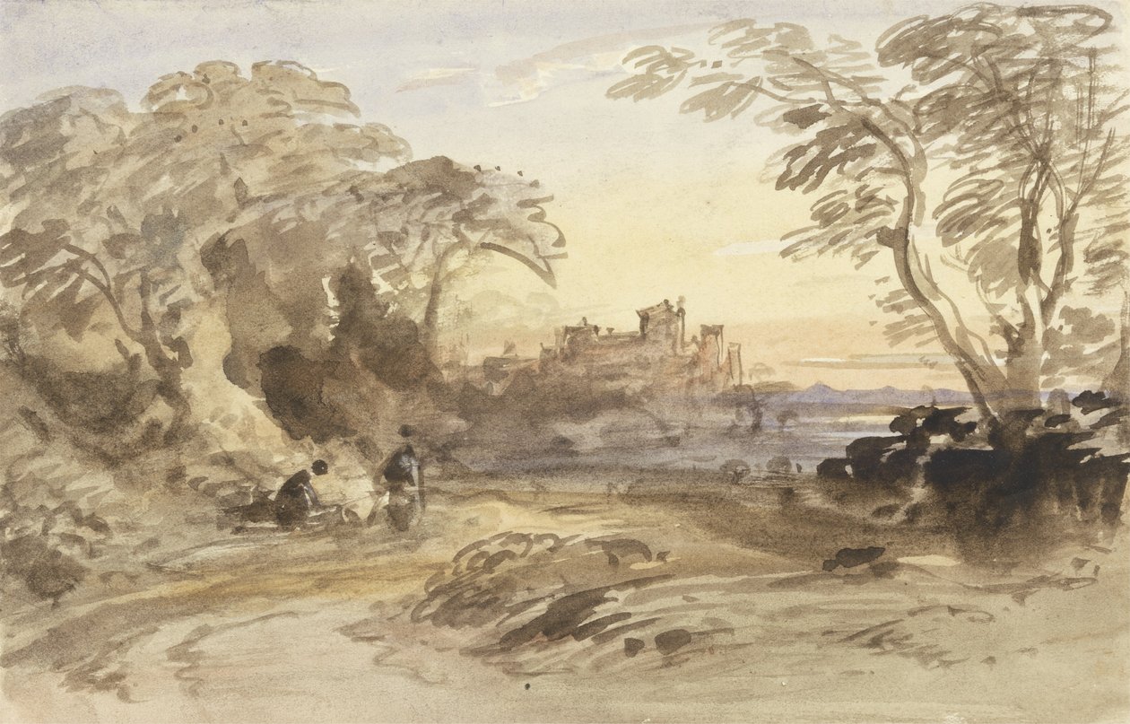 Paysage avec figures et château lointain - John Varley
