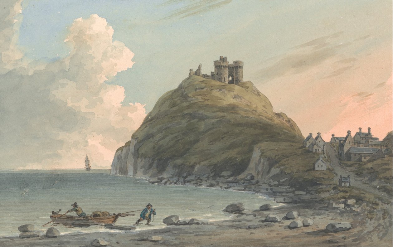Ruines du château de Cricceith et partie de la ville sur la baie de Cardigan. Vue est, Carnarvonshire - John Warwick Smith