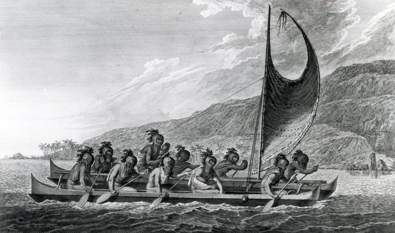 Une pirogue des îles Sandwich, avec les rameurs masqués, 1784 - John Webber