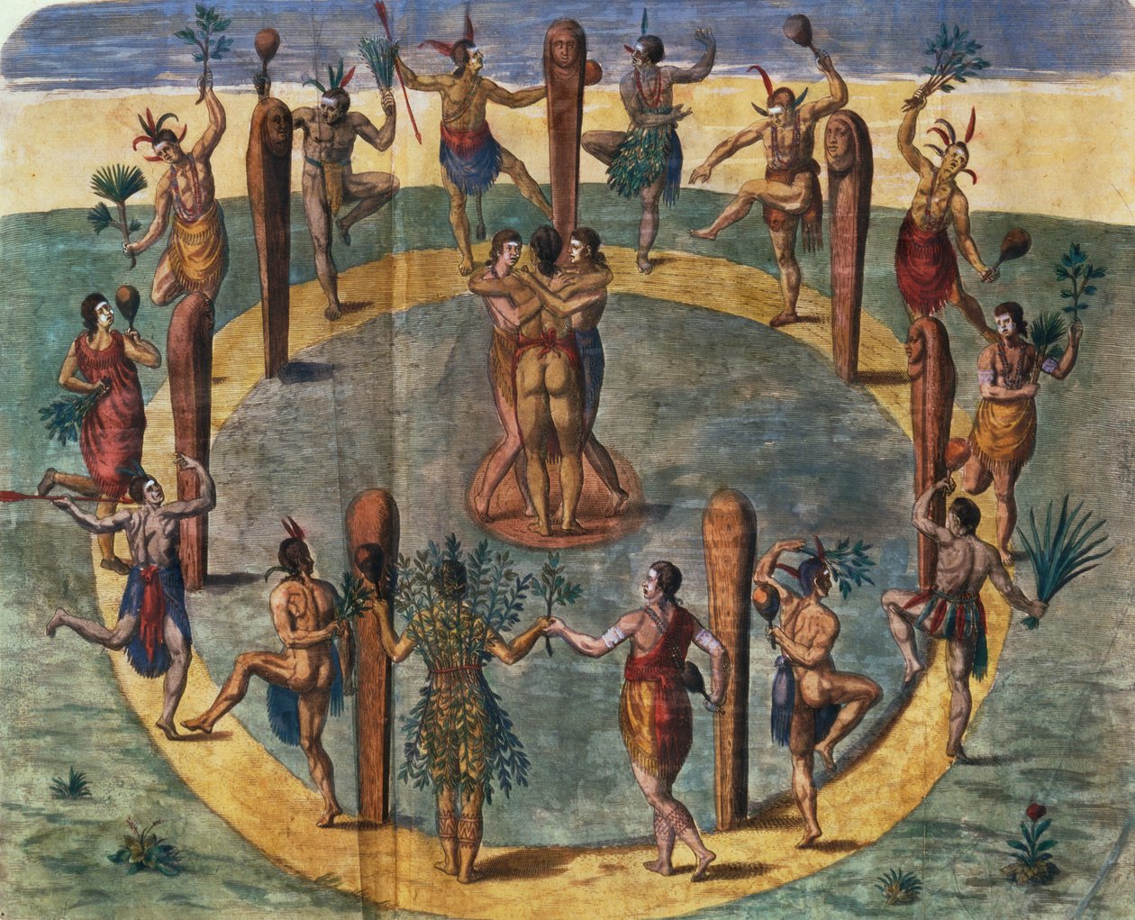 Danse rituelle indienne du village de Secoton, illustration de livre, vers 1570-80 - John White