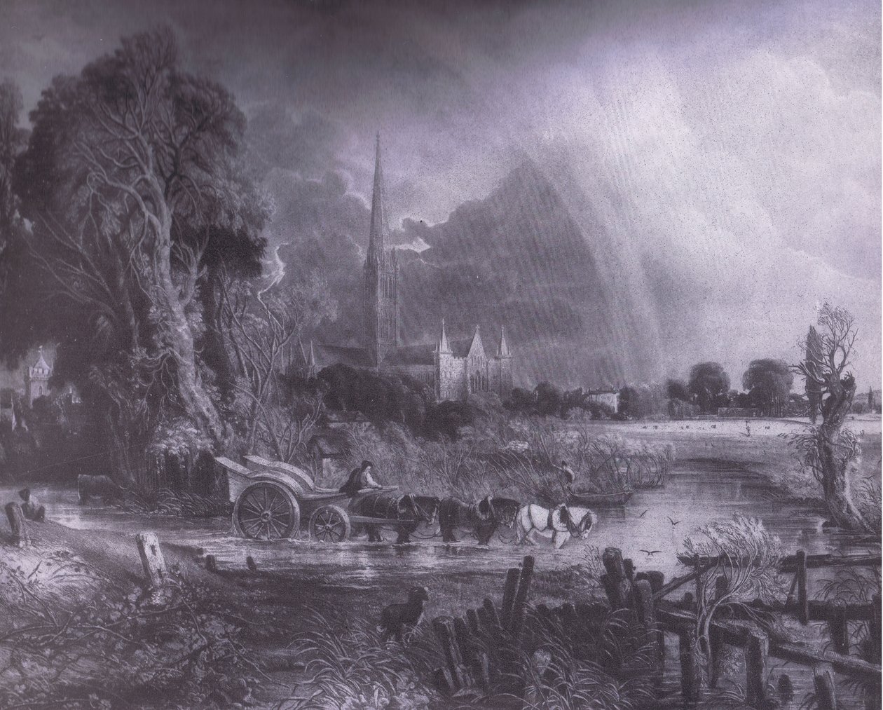 Cathédrale de Salisbury depuis les prés, Bibbys Annual - John (after) Constable