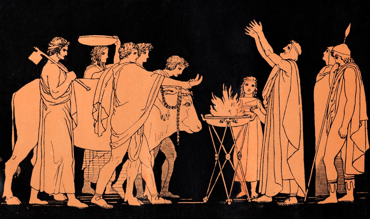 Nestor, roi de Pylos et ancien guerrier de la guerre de Troie, sacrifie des taureaux à Poséidon, scène tirée de "L