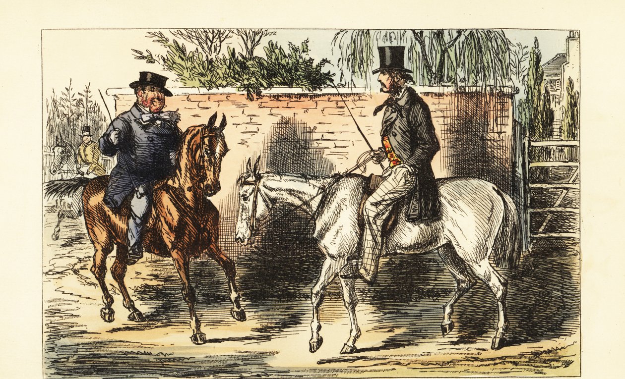 Gentleman anglais sur un vieux cheval rejeté par un homme sur un cheval bai - John (after) Leech