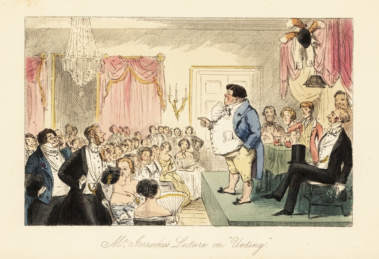 Épicier anglais donnant une conférence sur la chasse dans une grande salle de la taverne Dragon - John (after) Leech