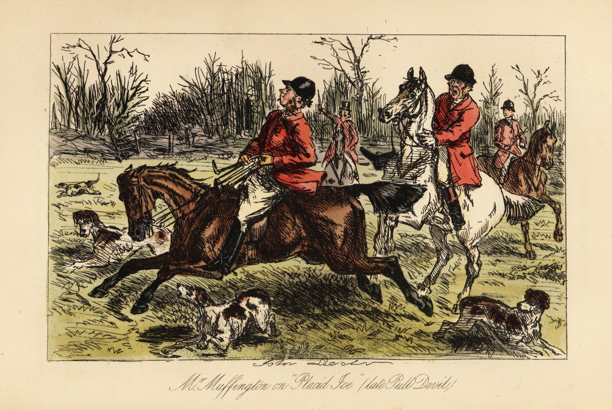Chasseur anglais traîné au milieu des chiens par son cheval fougueux - John (after) Leech
