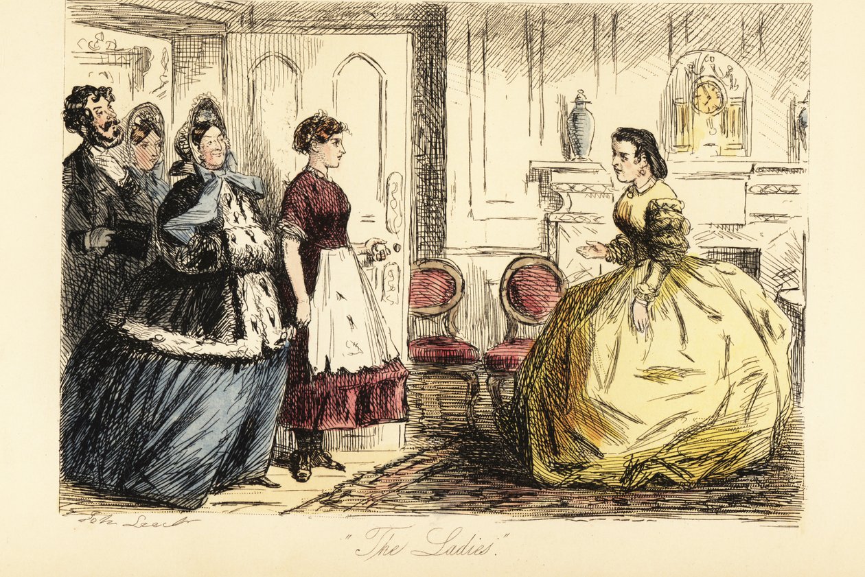 Dame anglaise recevant des visiteurs surprises dans la salle de petit-déjeuner - John (after) Leech