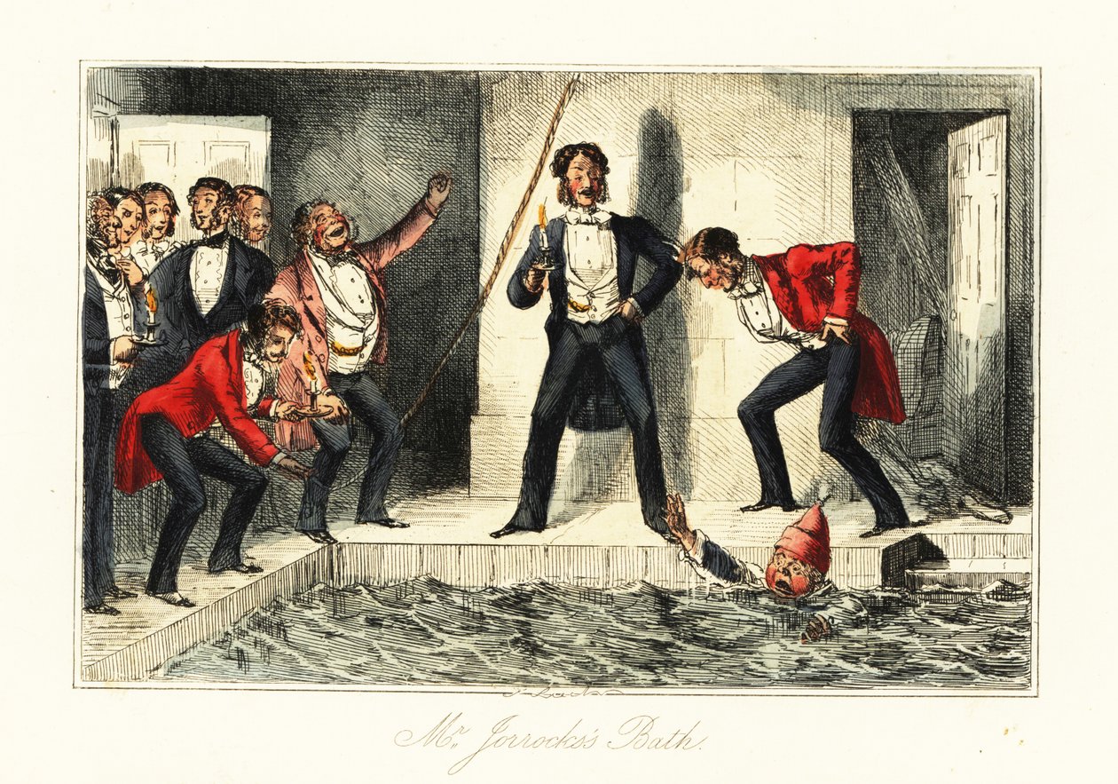 Gentleman en vêtements de nuit luttant dans une piscine dans une maison de campagne - John (after) Leech