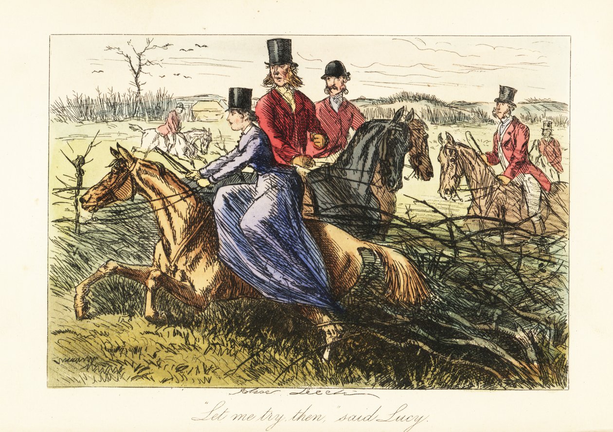 Dame montant en amazone sur un cheval coincé dans une clôture pendant une chasse au renard - John (after) Leech