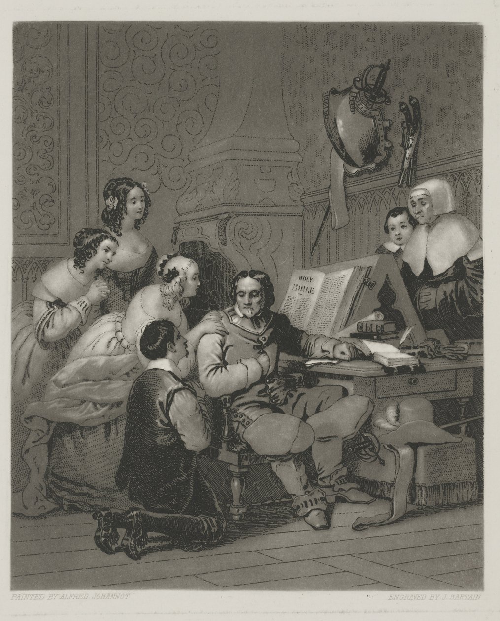 La Famille de Cromwell intercédant pour la vie de Charles Ier, gravure par Alfred Johannot - John (after) Sartain