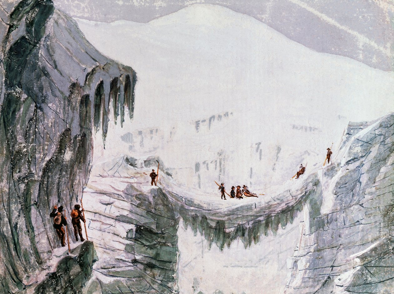 Ascension du Mont Blanc, alpinistes suspendus à une crevasse, aquarelle, France - Walter Charles Mills