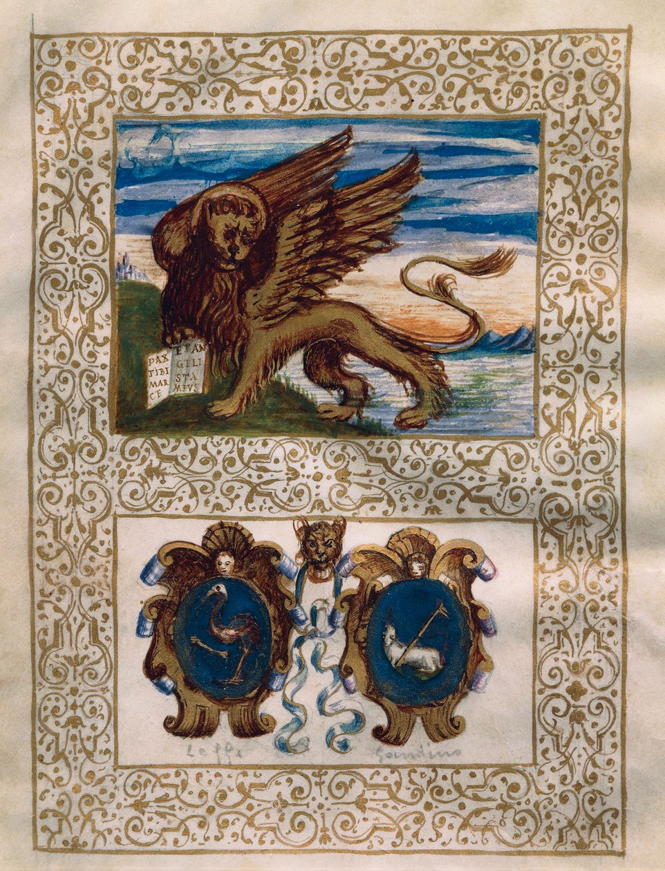 Le lion ailé de Venise et les armoiries de Leffe et Gandino, miniature du Privilegio della Serenissima alla Val Gandino, 18 juin - Walter Charles Mills