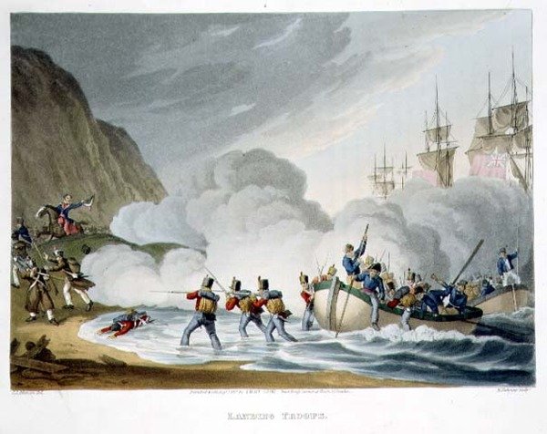 Débarquement des troupes, gravé par Matthew Dubourg (fl.1813-20) de 
