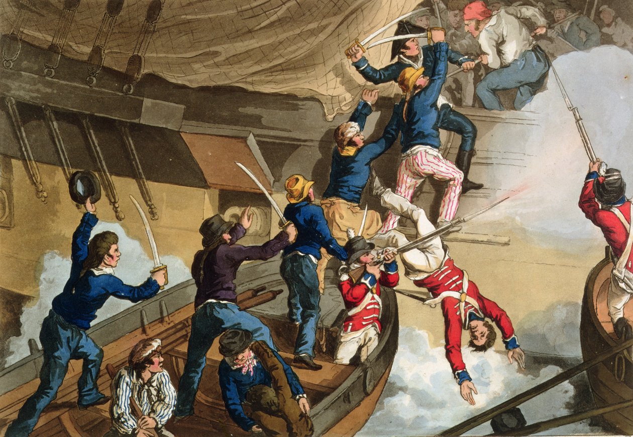 Marins britanniques abordant un navire de guerre, gravé par Fry et Sutherland, de 