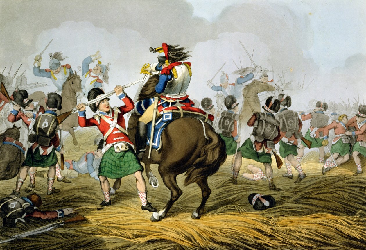 Cuirassiers français à la bataille de Waterloo, chargés et vaincus par les Highlanders et les Scots Greys, gravé par Matthew Dubourg (fl.1813-20) de 