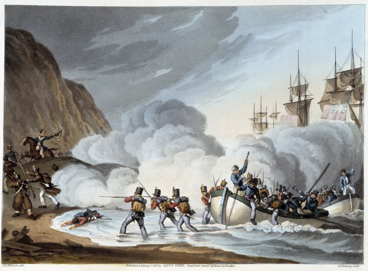 Débarquement des troupes, début du XIXe siècle dans "Anecdotes historiques, militaires et navales..." par Edward Orne - John Augustus Atkinson