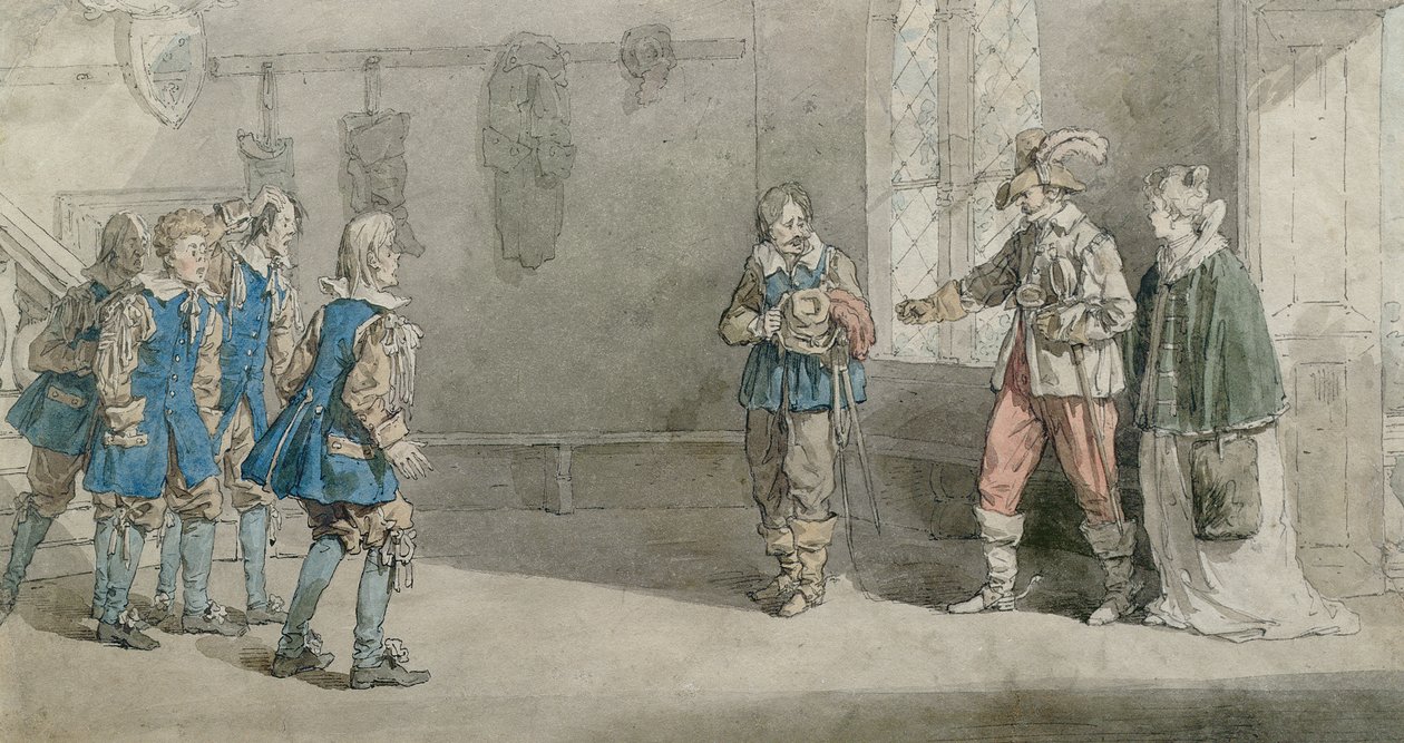 Petruchio, Katarina et les serviteurs dans une scène de 