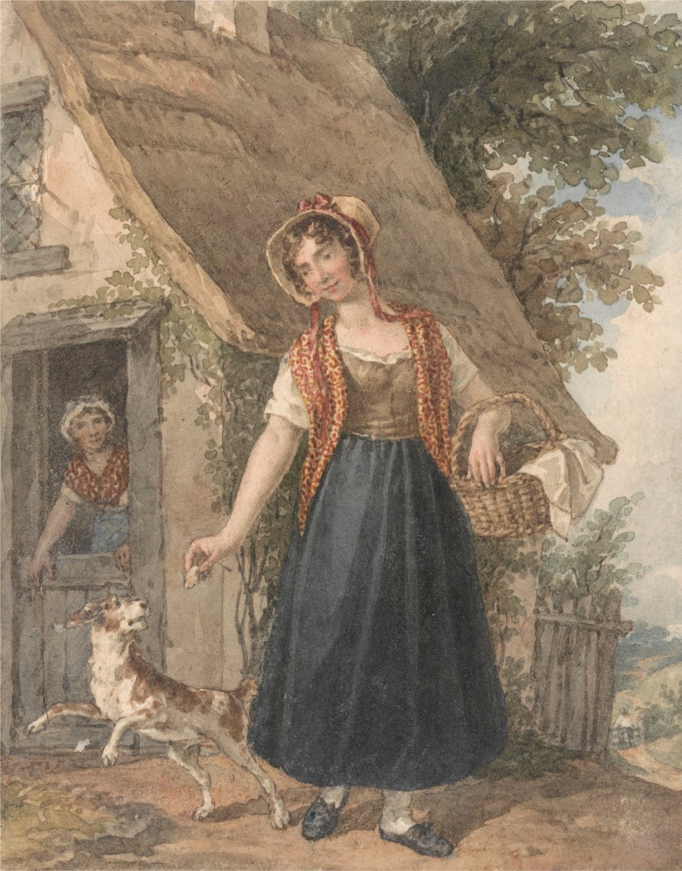Jeune femme avec chien devant une porte de cottage - John Augustus Atkinson