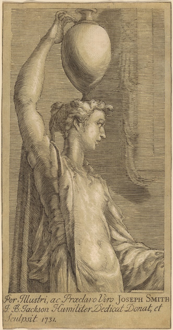 Femme debout tenant un pot sur la tête - John Baptist Jackson, after Parmigianino