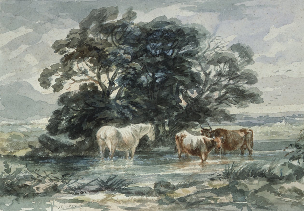 Paysage, deux vaches et un cheval debout dans l