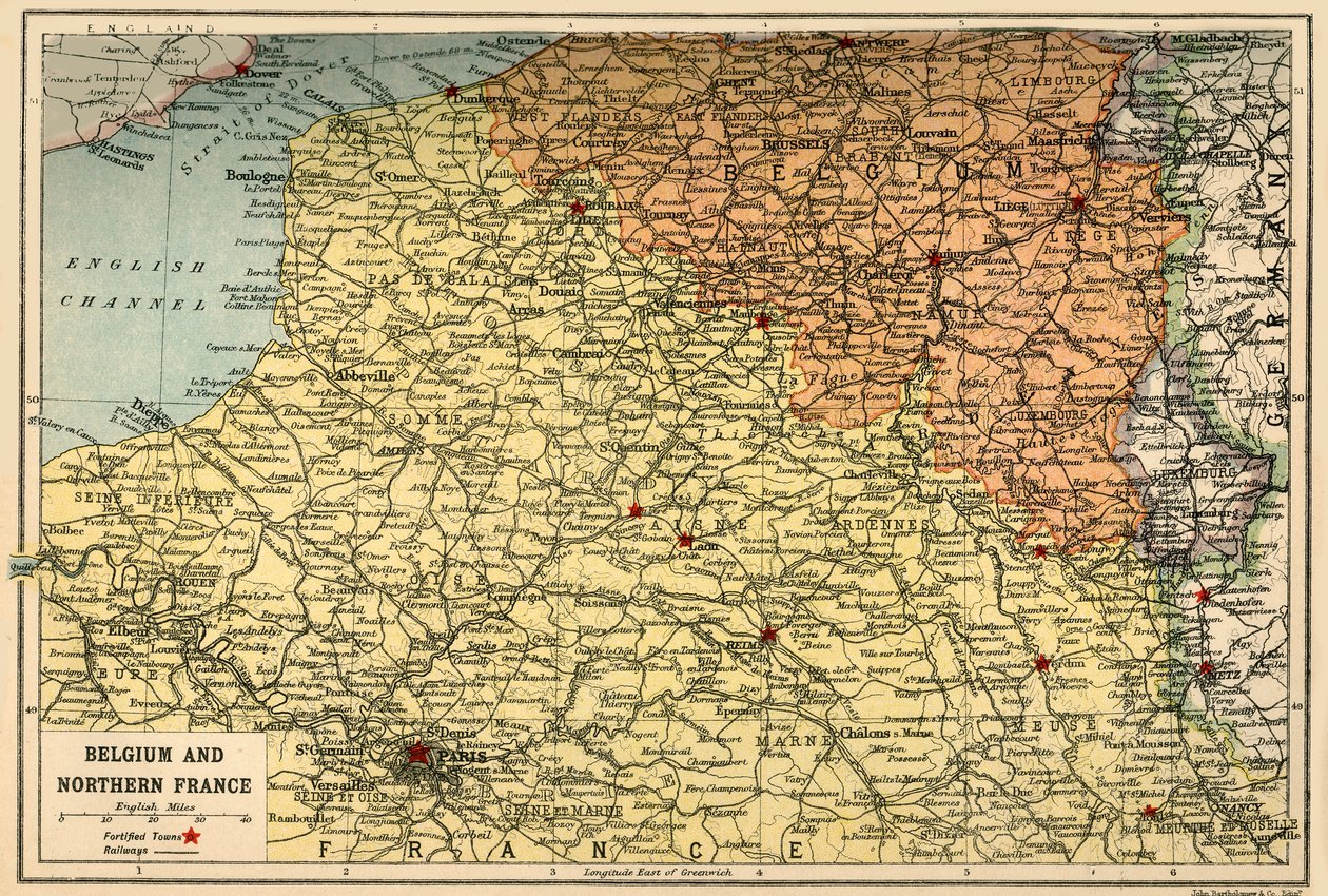 Carte de la Belgique et du nord de la France, vers 1914 - John Bartholomew and Son