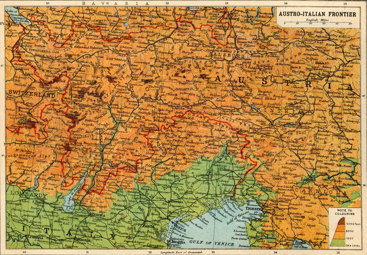 Carte de la frontière austro-italienne, Première Guerre mondiale, c1920 - John Bartholomew and Son