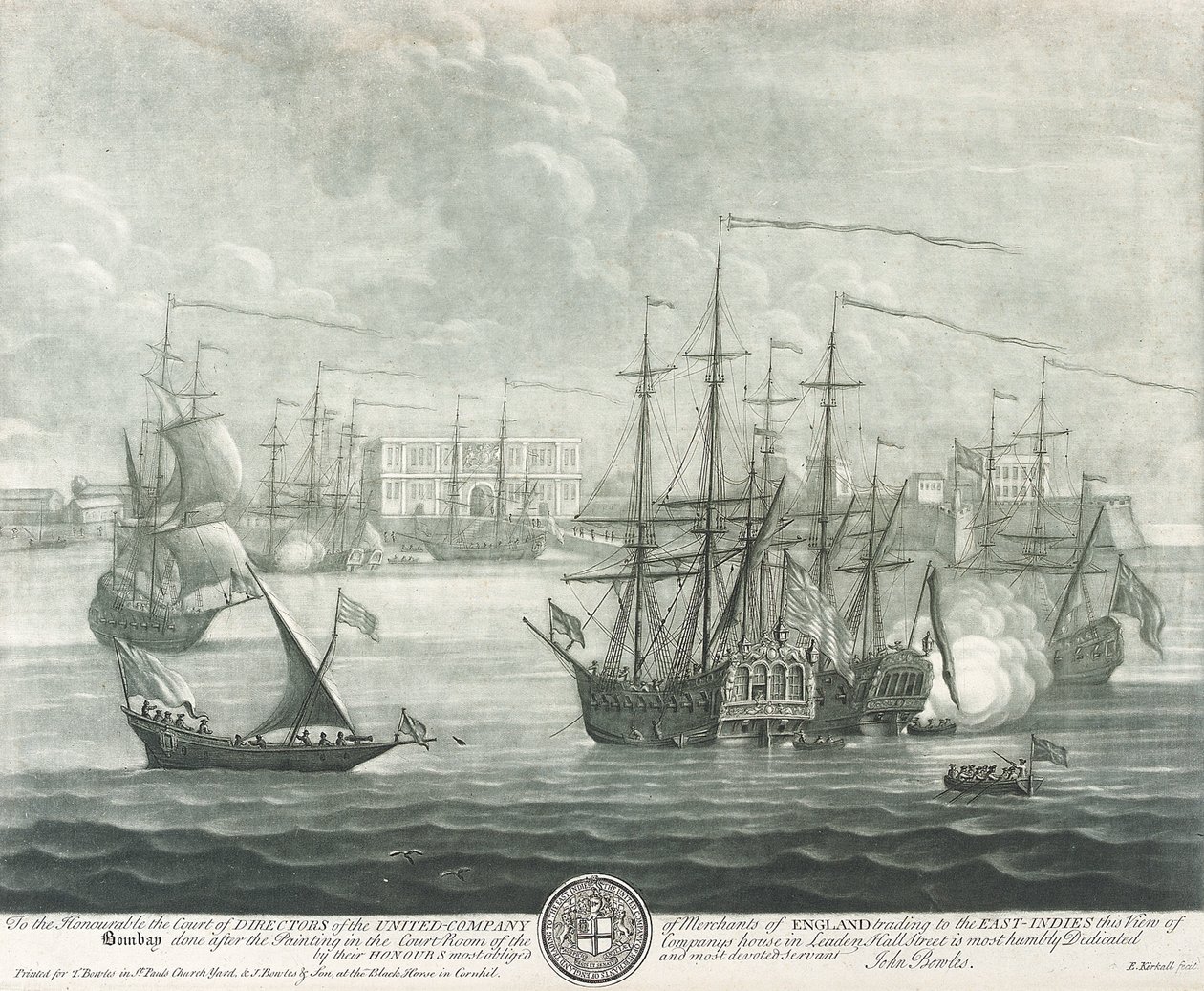 Vue de Bombay (Inde), dédiée au directeur de la British East India Company. Gravure par John Bowles - John Bowles