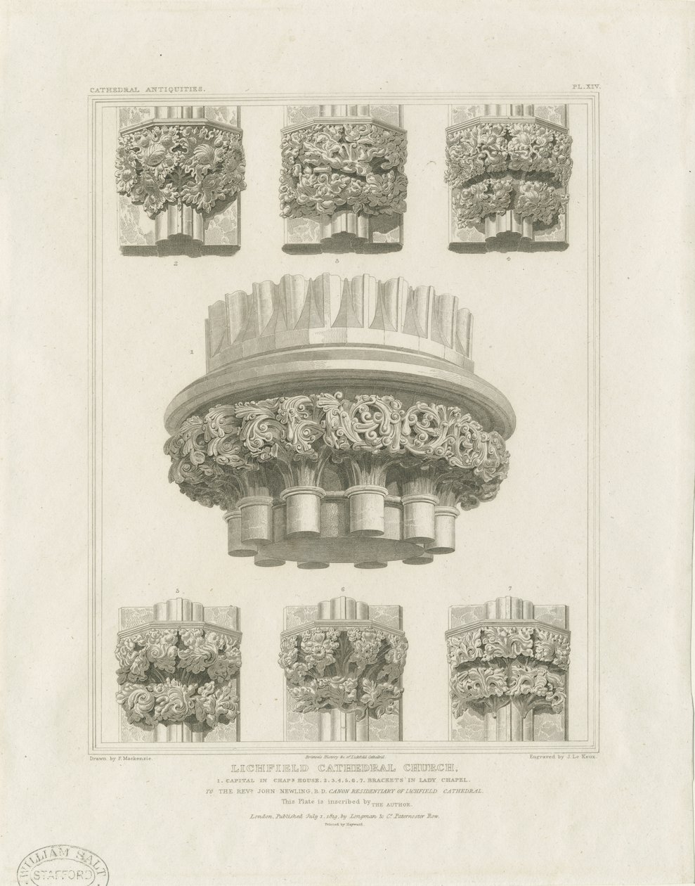 Intérieur de la cathédrale de Lichfield - Pilier cluster dans la salle capitulaire et supports dans la chapelle de la Vierge : gravure, nd [c. 1819] - John Britton