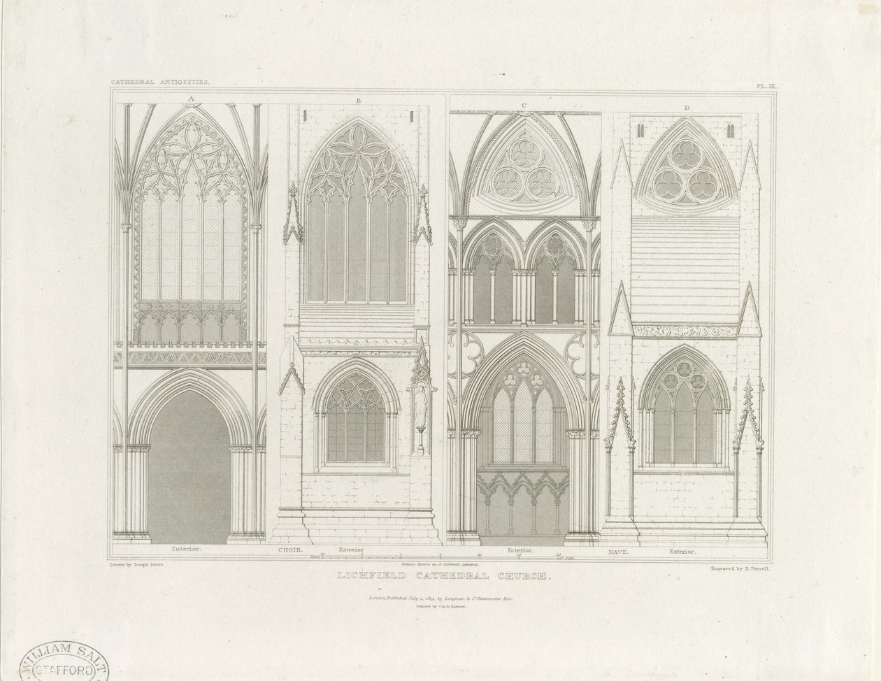 Intérieur de la cathédrale de Lichfield - Nef et chœur : gravure, vers 1819 - John Britton