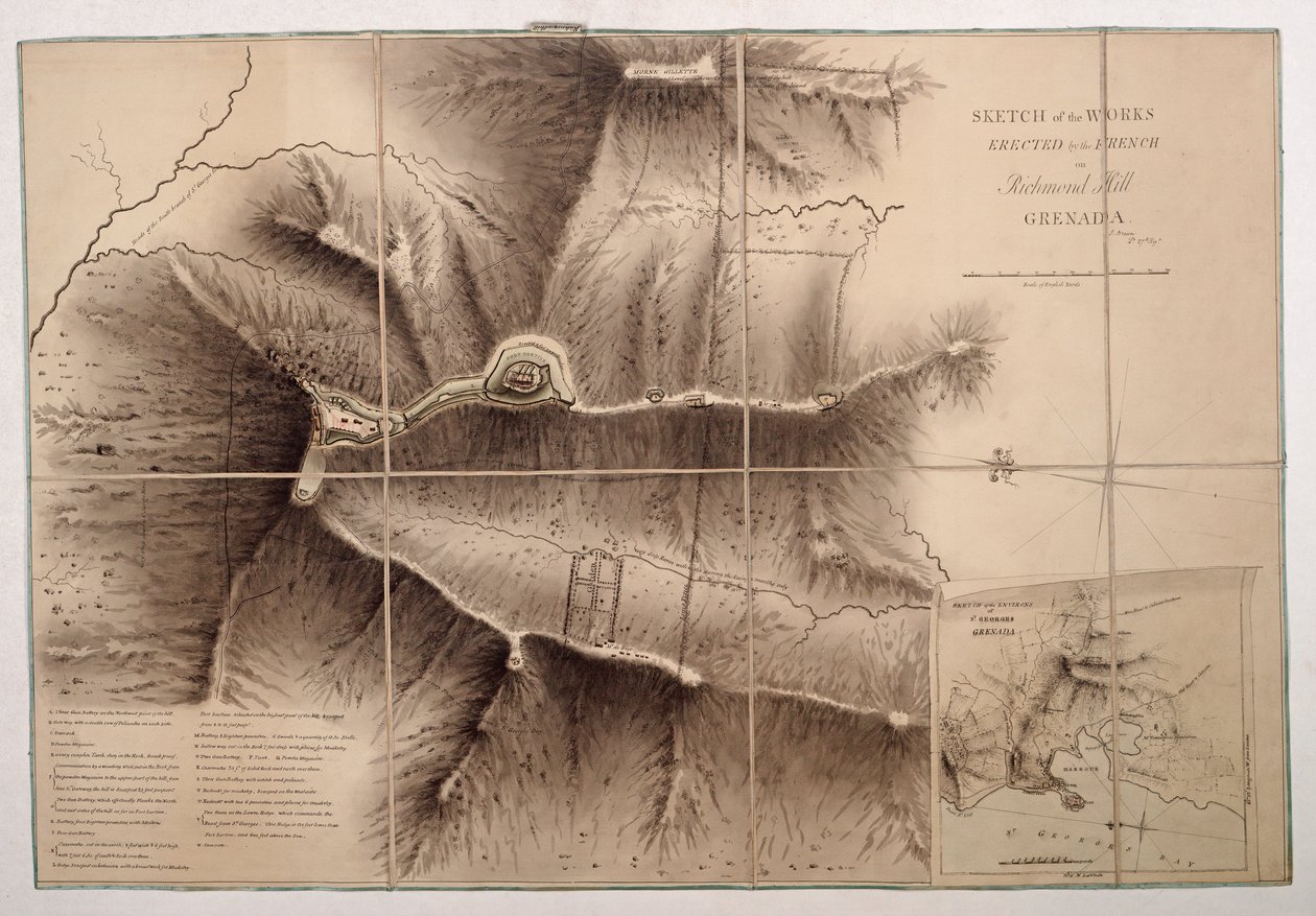 Croquis des travaux érigés par les Français sur Richmond Hill, Grenade - John Brown