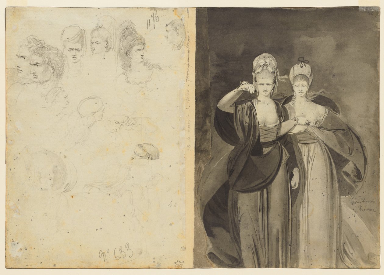 Esquisses de têtes verso, à gauche, deux femmes verso, à droite, vers 1770-1775 - John Brown