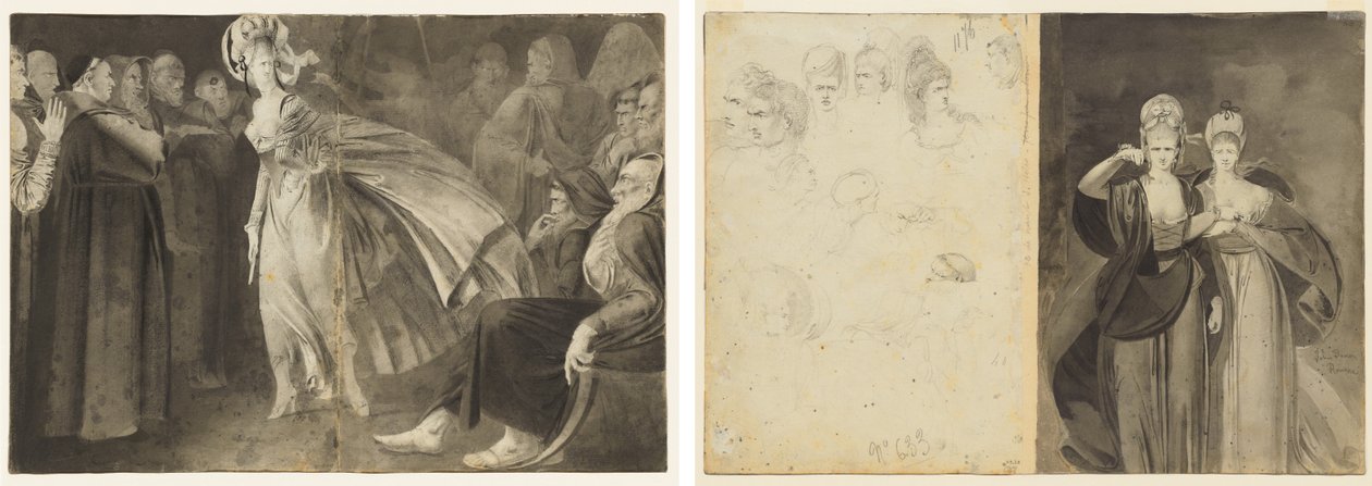 Femme debout parmi les frères (recto) Esquisses de têtes (verso, gauche); Deux femmes (verso, droite) - John Brown