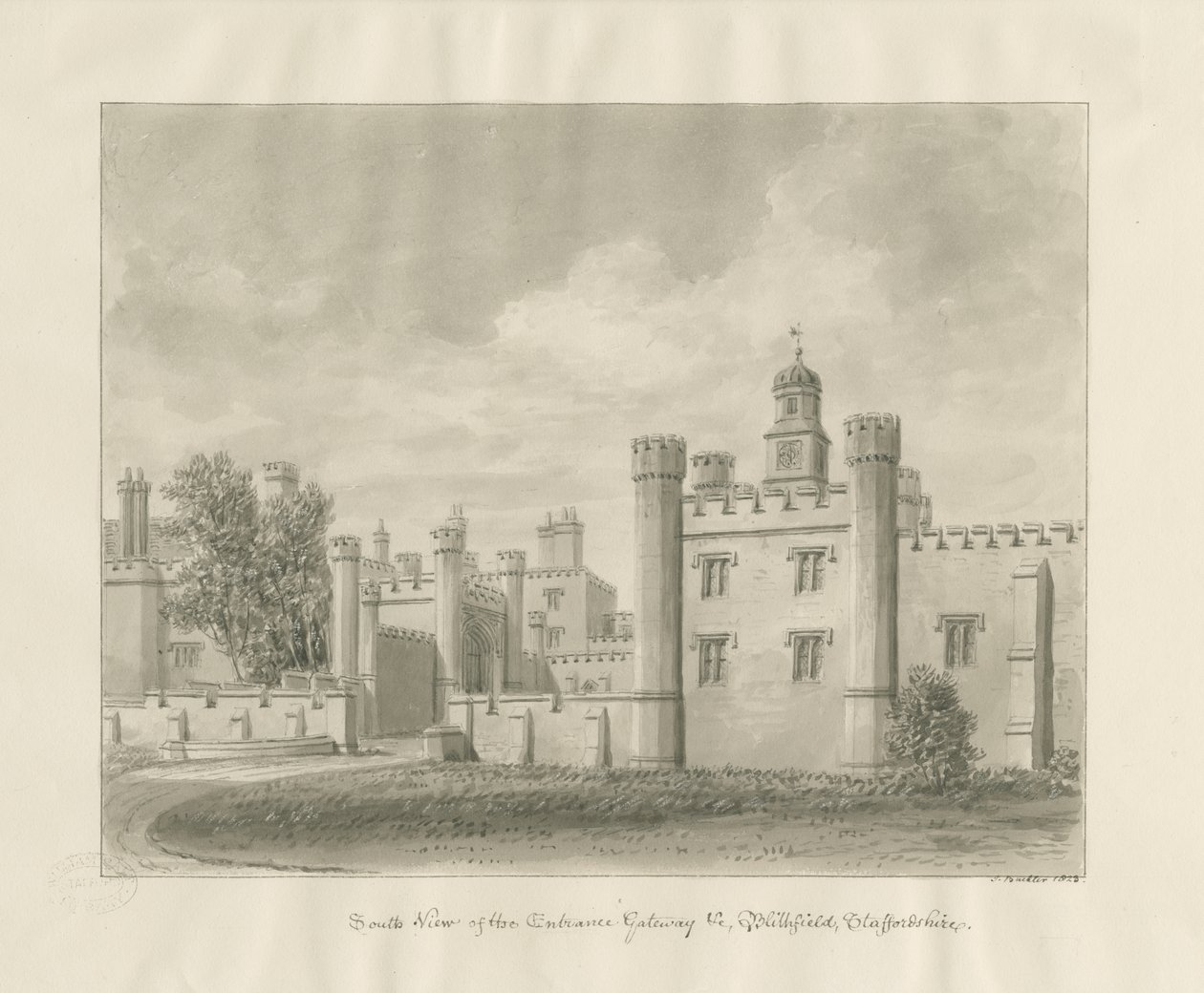 Blithfield Hall : dessin sépia - John Buckler