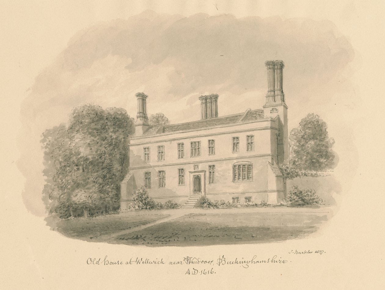 Buckinghamshire - Wellwick - Vieille Maison : dessin sépia vignetté, 1837 - John Buckler